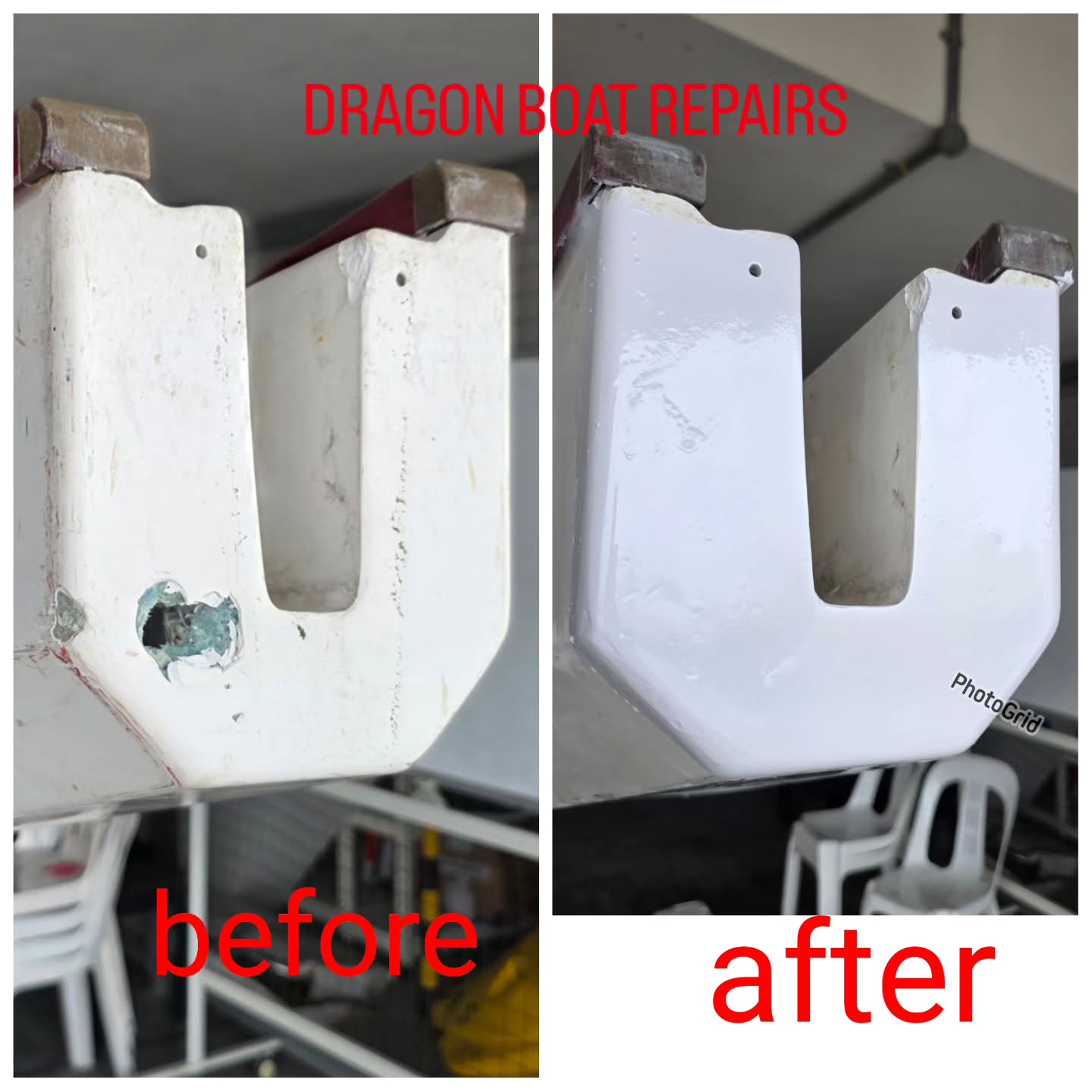 Dragonboat repair comparison showing damaged and repaired surfaces